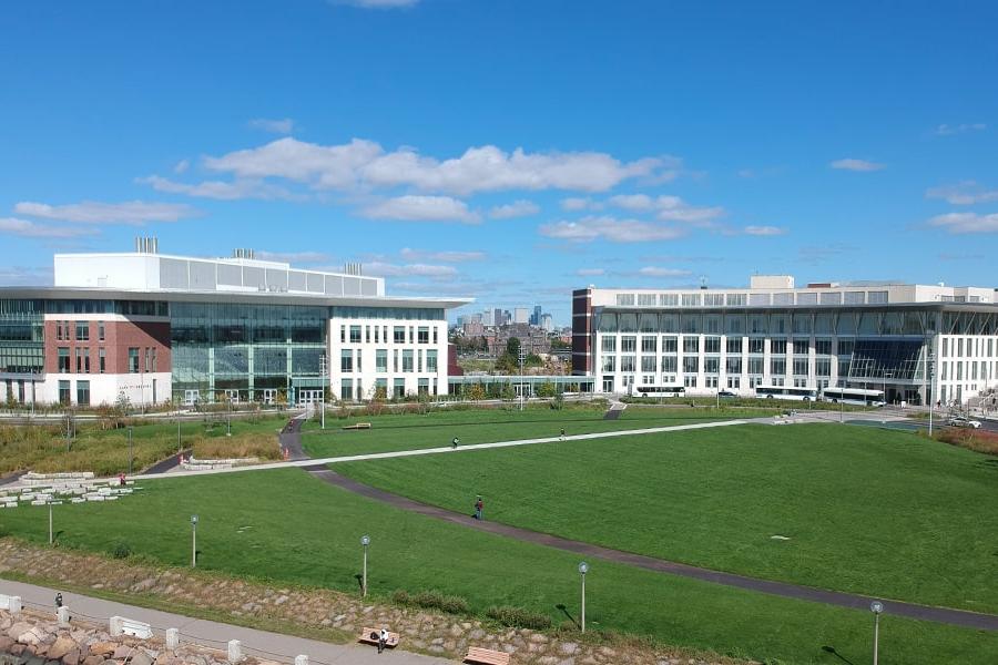 Campus Center  lawn and UHall viewed from air.